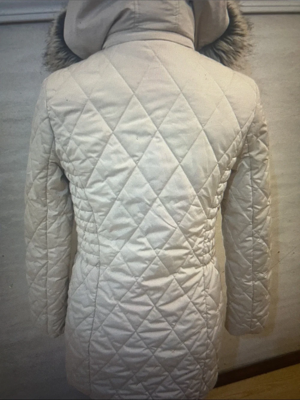 Girls Cream Quilted Hooded Puffer with Faux Fur Trim, Size 14-16
